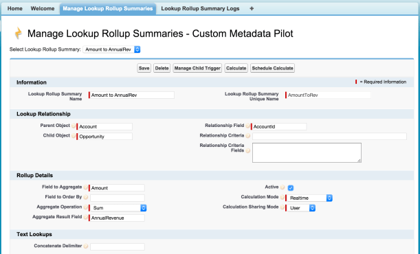 DLRS Manage Lookup Rollup Summaries Tab
